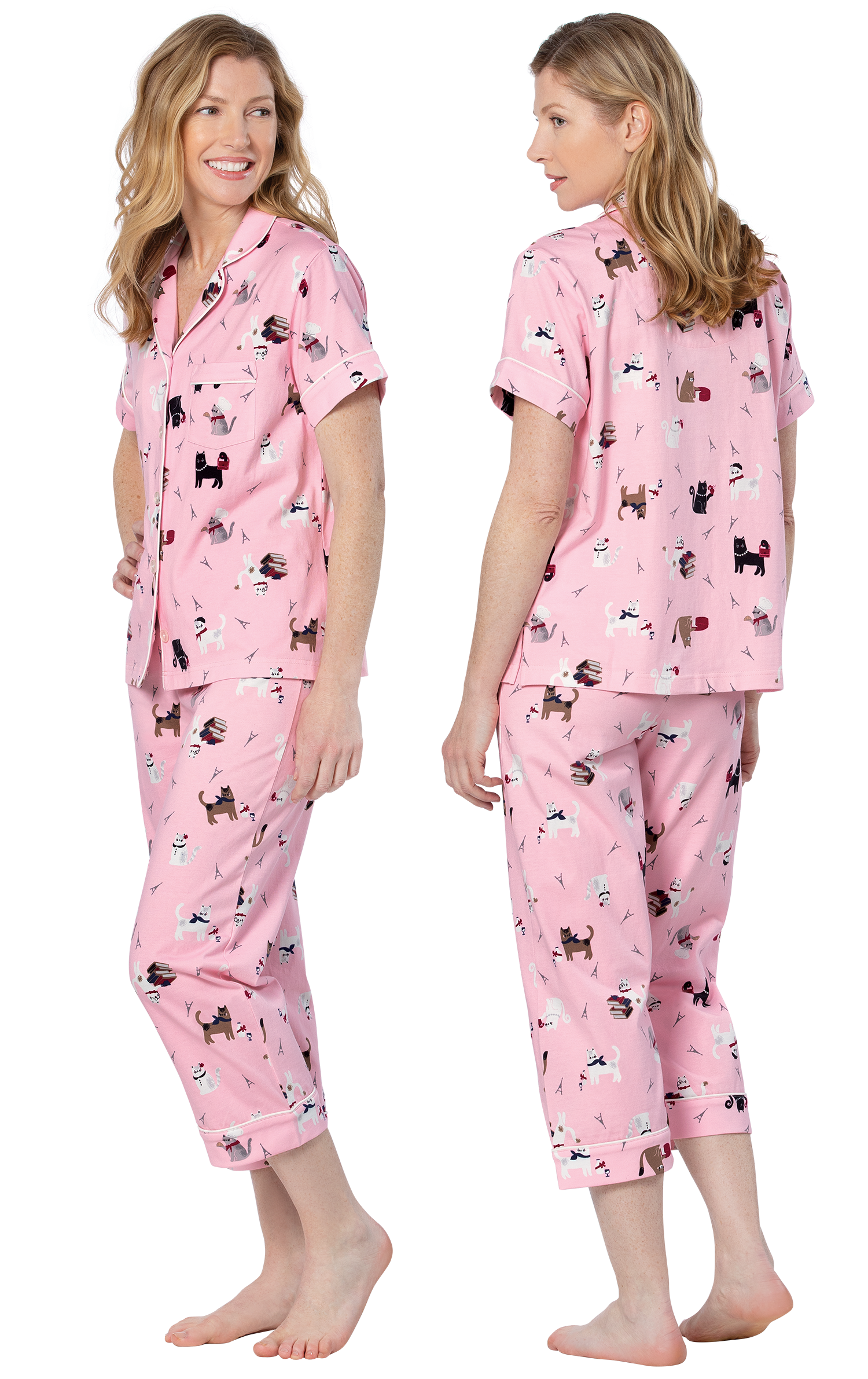 Kitty In Pair Short Sleeve Button-Front Pajamas