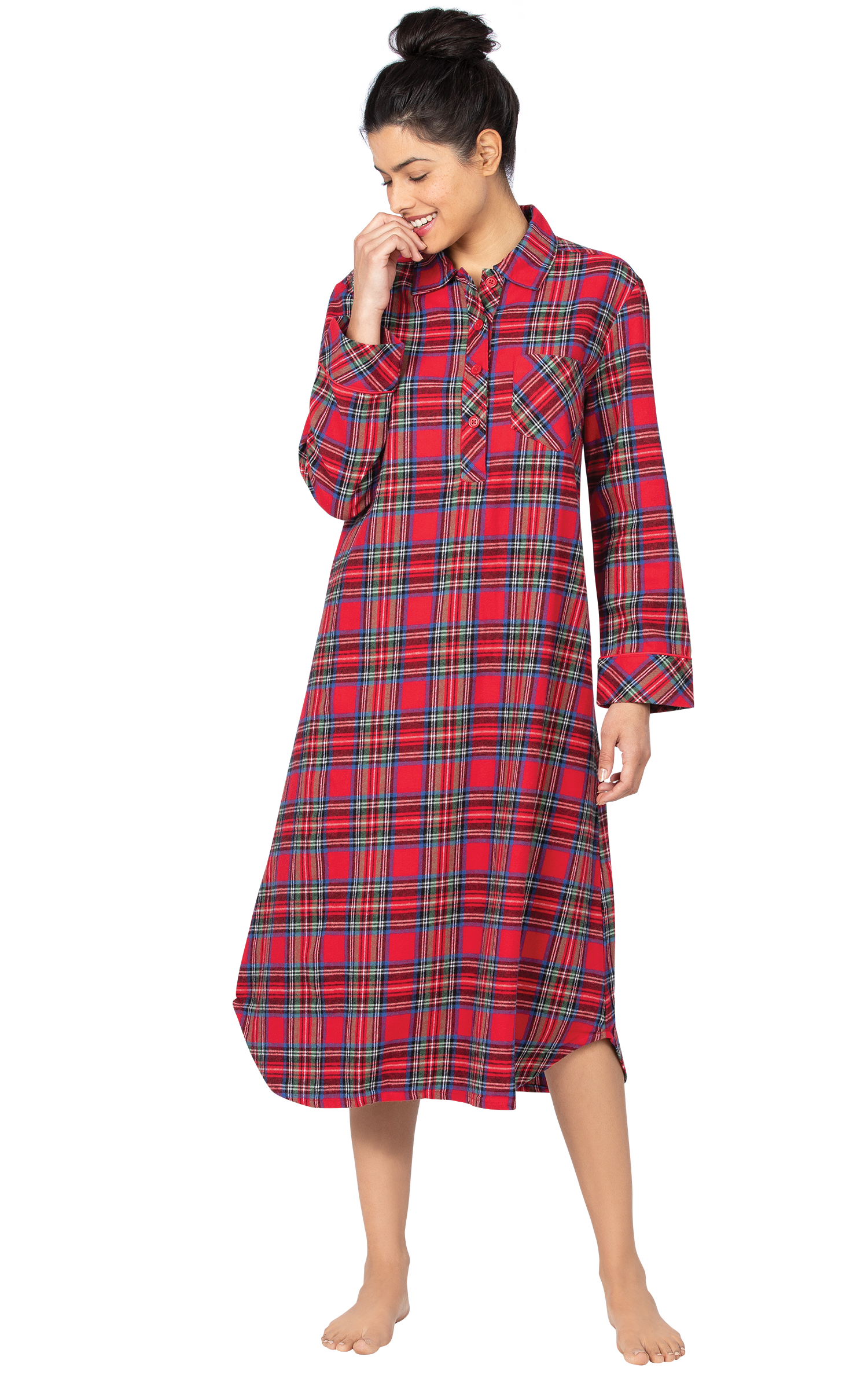 Mid-Length Flannel Nightgown - Stewart Plaid