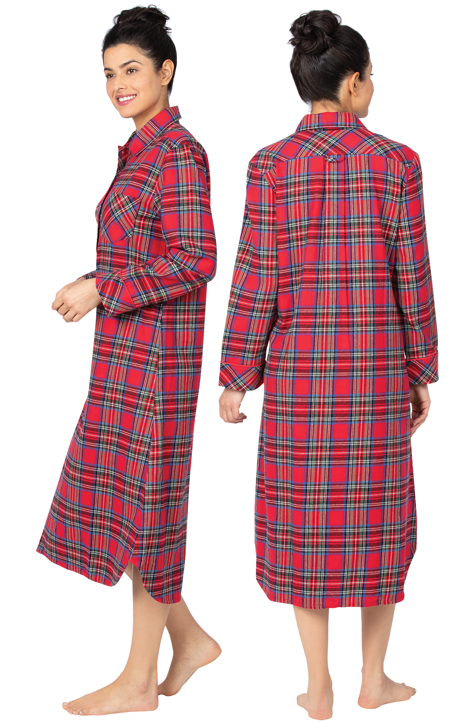 Mid-Length Flannel Nightgown - Stewart Plaid