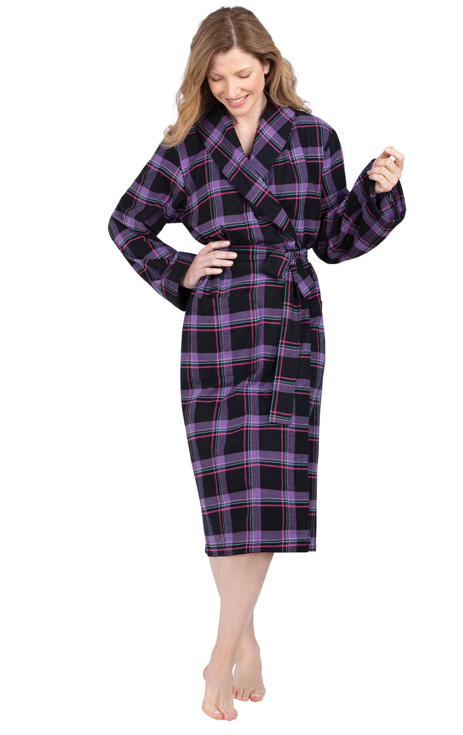 Calf-Length Flannel Robe - Blackberry Plaid