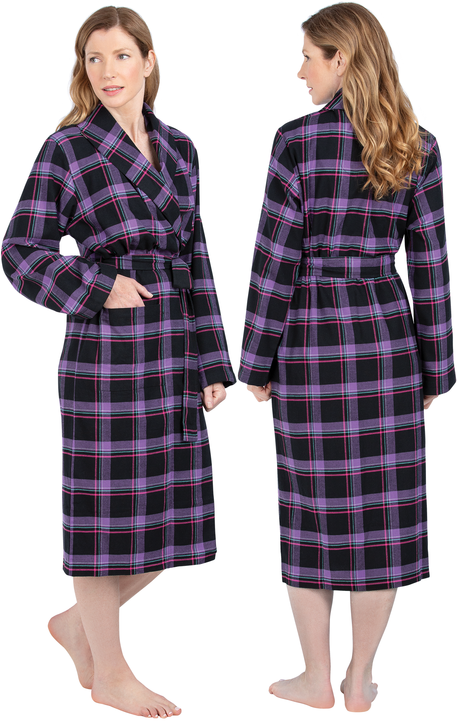 Calf-Length Flannel Robe - Blackberry Plaid