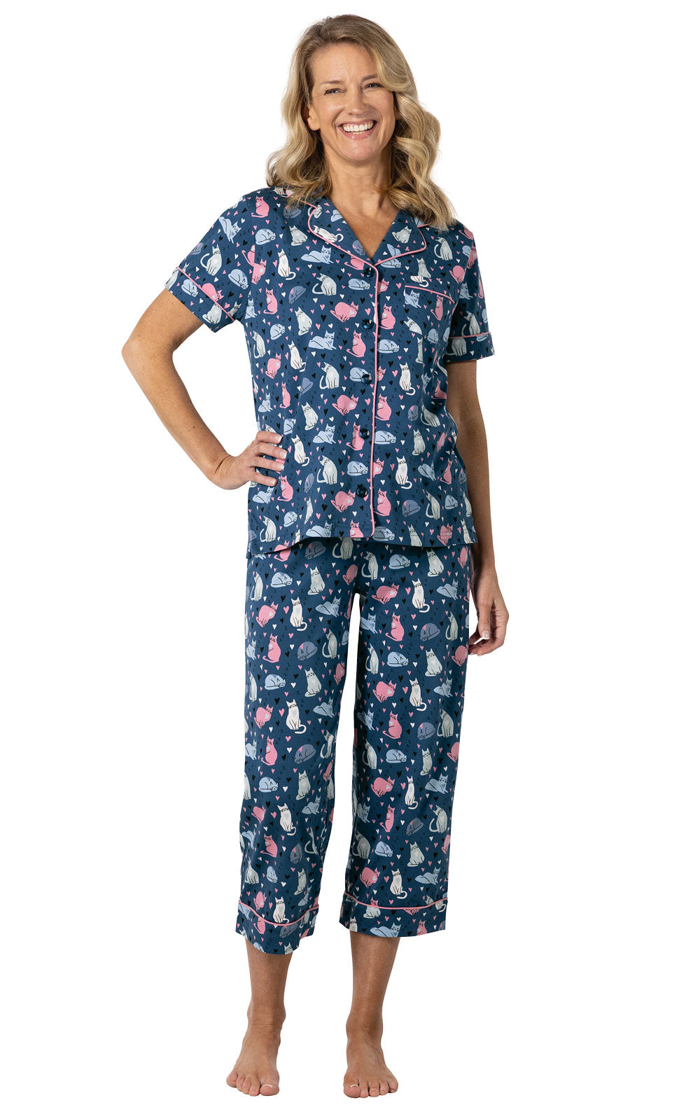 Navy Cat Short Sleeve Button-Front Capri Pajamas