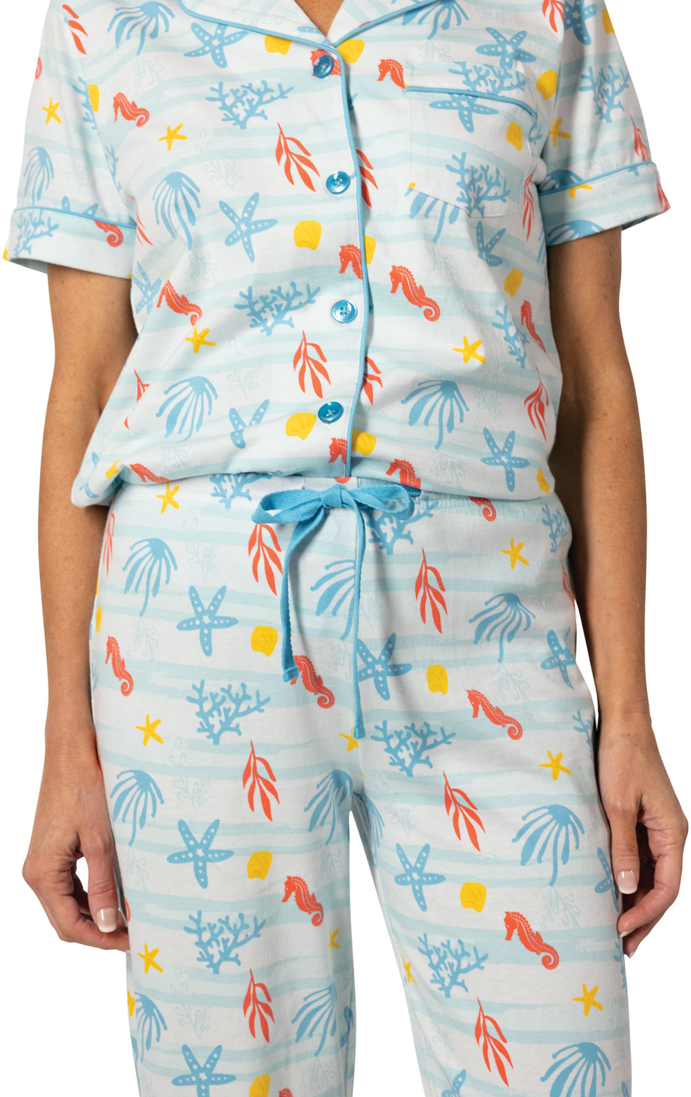 Printed Short Sleeve Button-Front Capri Pajamas
