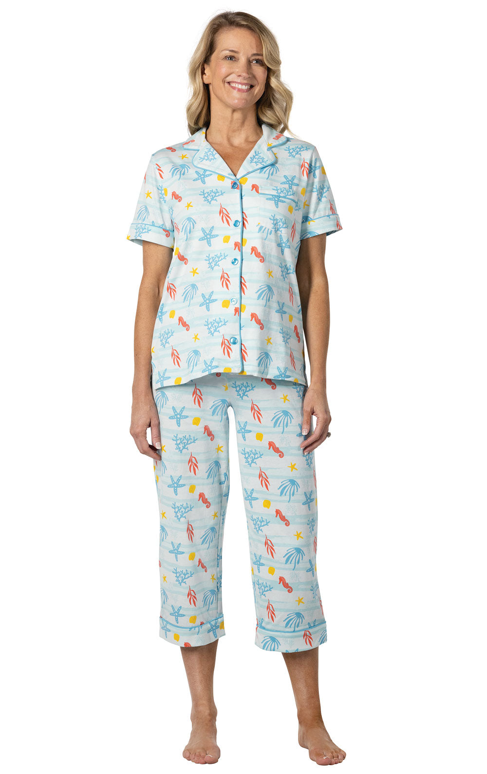 Printed Short Sleeve Button-Front Capri Pajamas