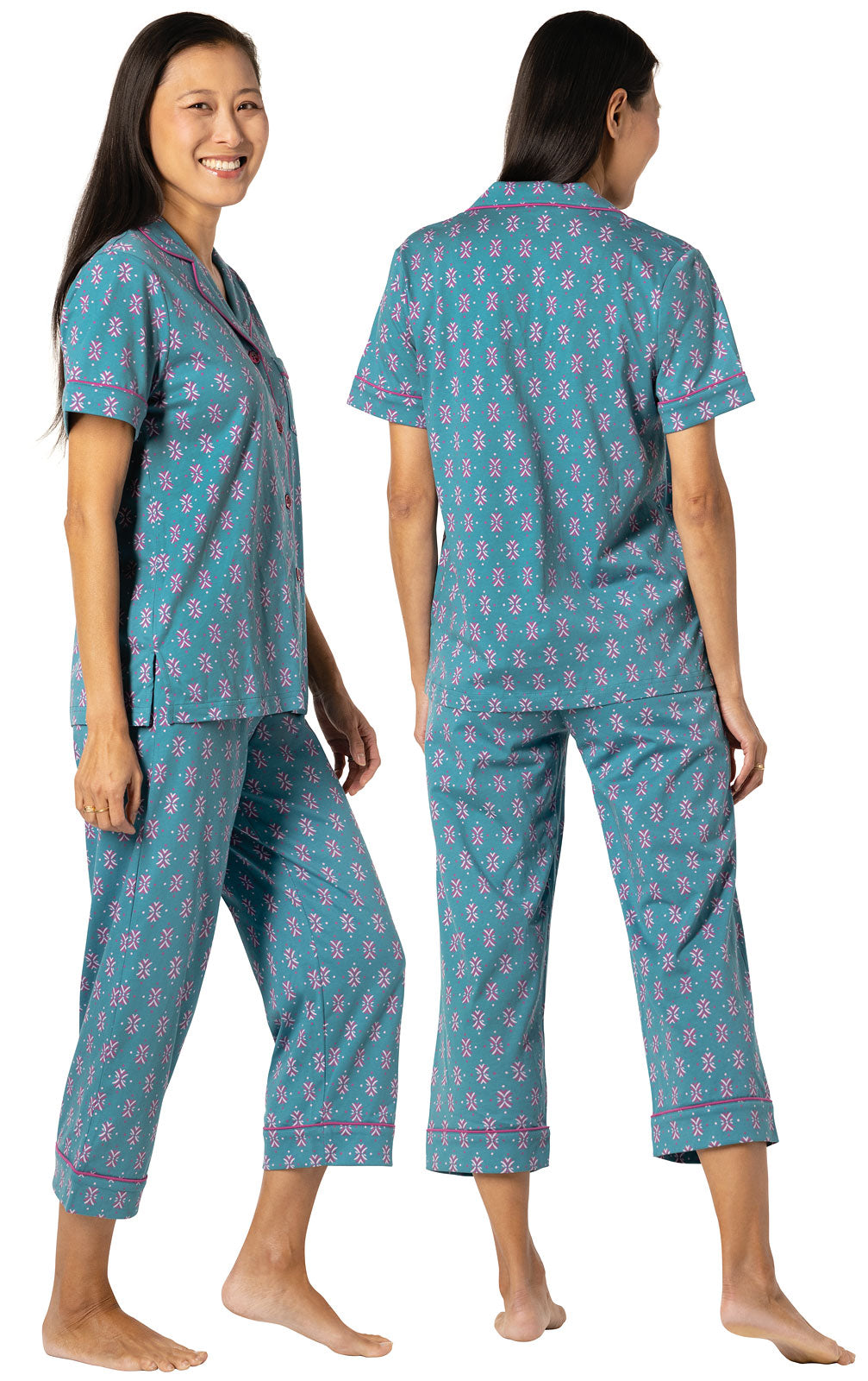 Teal Foulard Short Sleeve Boyfriend Capri Pajamas