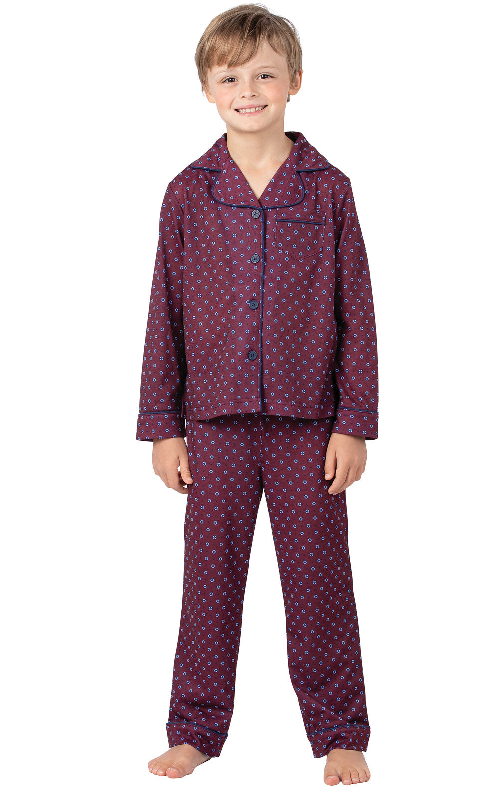 Burgundy Foulard Button Front Unisex Kids Pajamas